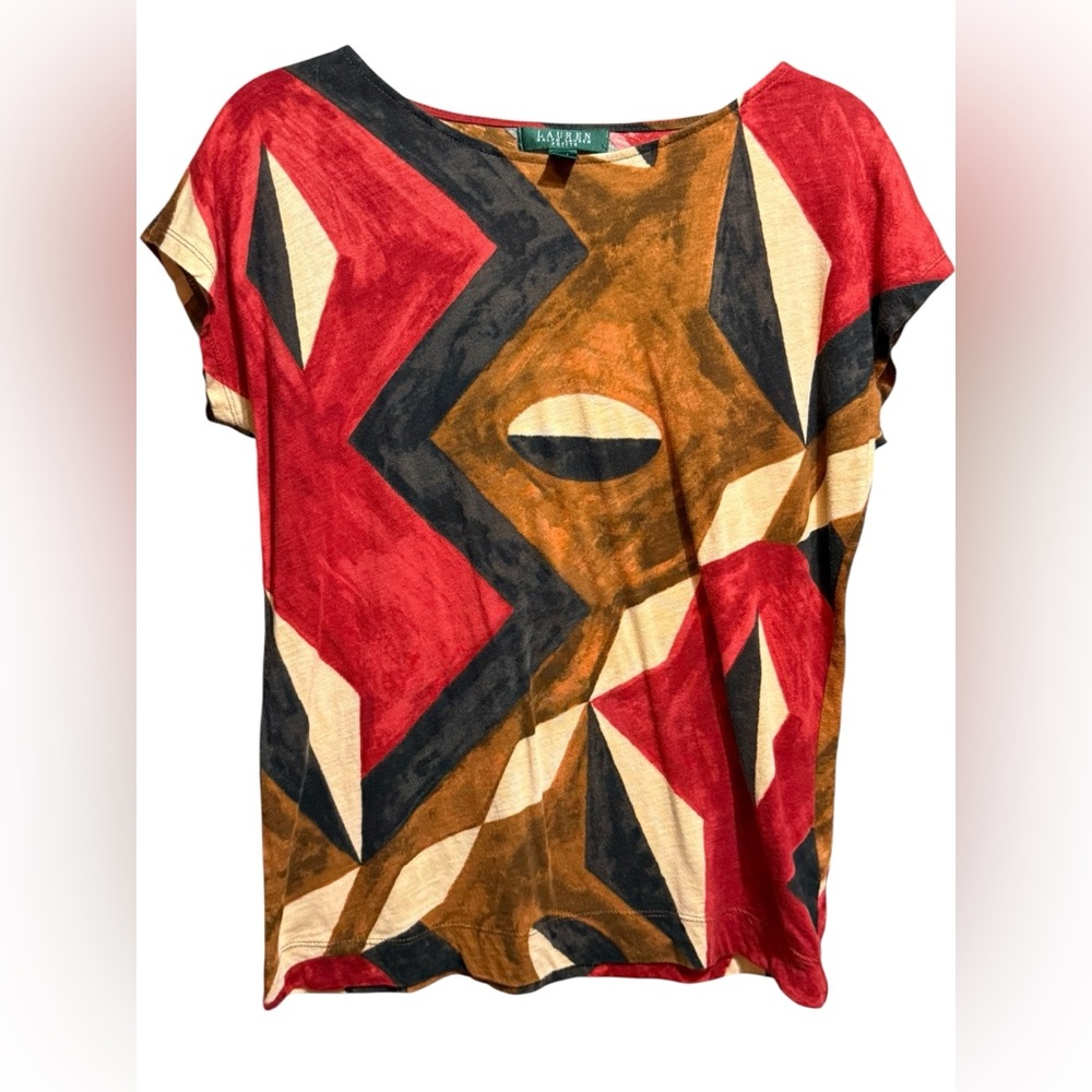 Lauren Ralph Lauren Petite Red & Brown Geometric Abstract Short Sleeve Top Sz MP